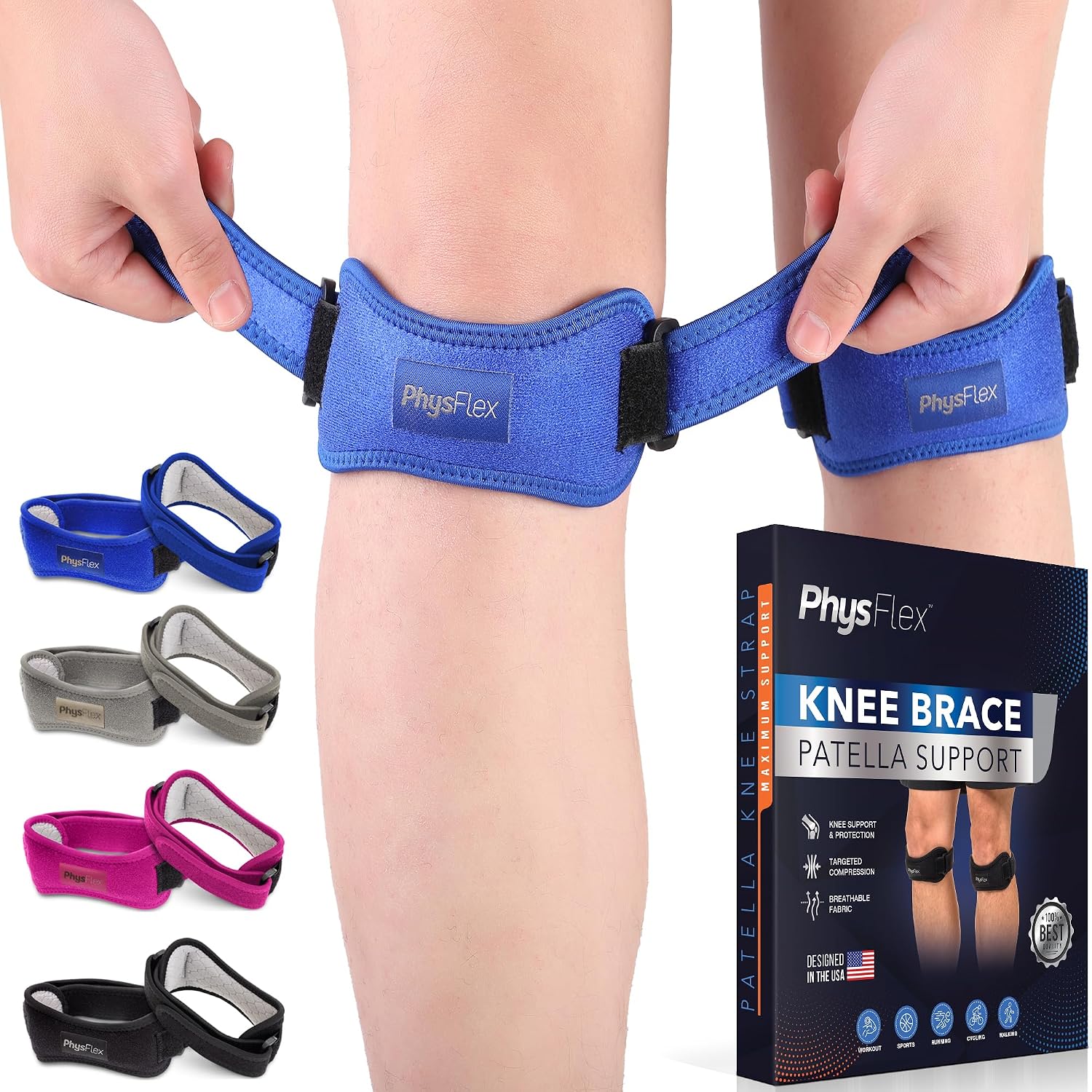 PhysFlex 2 Pack Patella Knee Brace - Knee Support and Pain Relief, Running, Hiking, Basketball, Jumpers Knee, Tendonitis, Adjustable Strap Patellar Tendon Stabilizer (Blue)