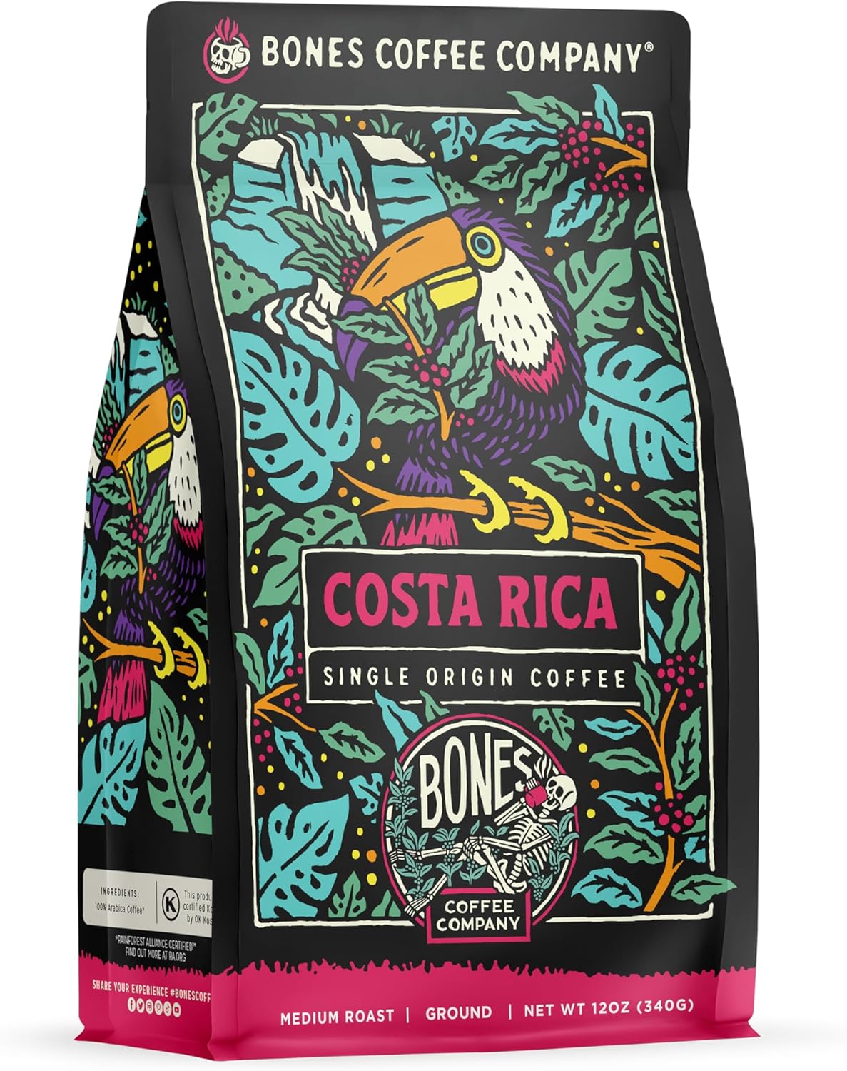 Bones Coffee Company Costa Rica Single-Origin, Cocoa, Nutty and Milk Chocolate Notes, Ground Coffee Beans, Low Acid Medium Roast Arabica Beans Flavored Coffee for Auto drip Coffee Maker, 12 oz Ground