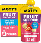 Mott’s Fruit Smoothies Strawberry Banana, 4.2 oz clear pouches, 8 Pack, Non-dairy, Made With Oatmilk, Made With Real Fruit, Good Source of Calcium, On-the-Go