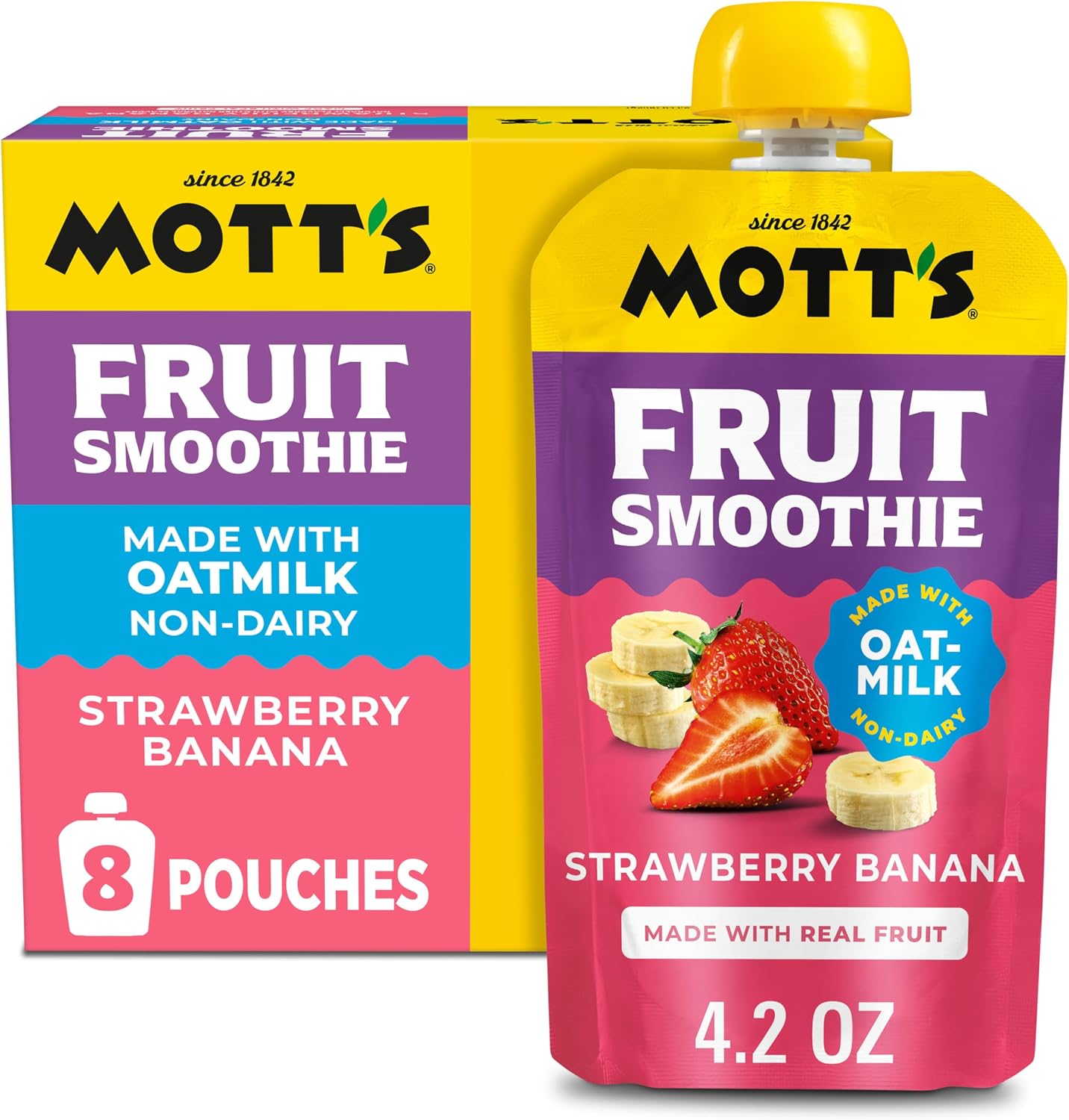 Mott’s Fruit Smoothies Strawberry Banana, 4.2 oz clear pouches, 8 Pack, Non-dairy, Made With Oatmilk, Made With Real Fruit, Good Source of Calcium, On-the-Go