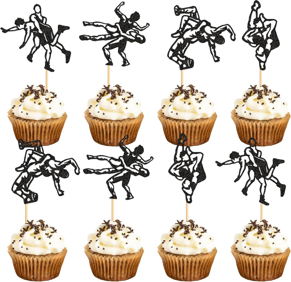Ercadio 24 Pcs Wrestling Cupcake Toppers Glitter Black Man Wrestler Birthday Cupcake Pick Decorations Wrestling Sport Theme Kids Birthday Baby Shower Party Decorations