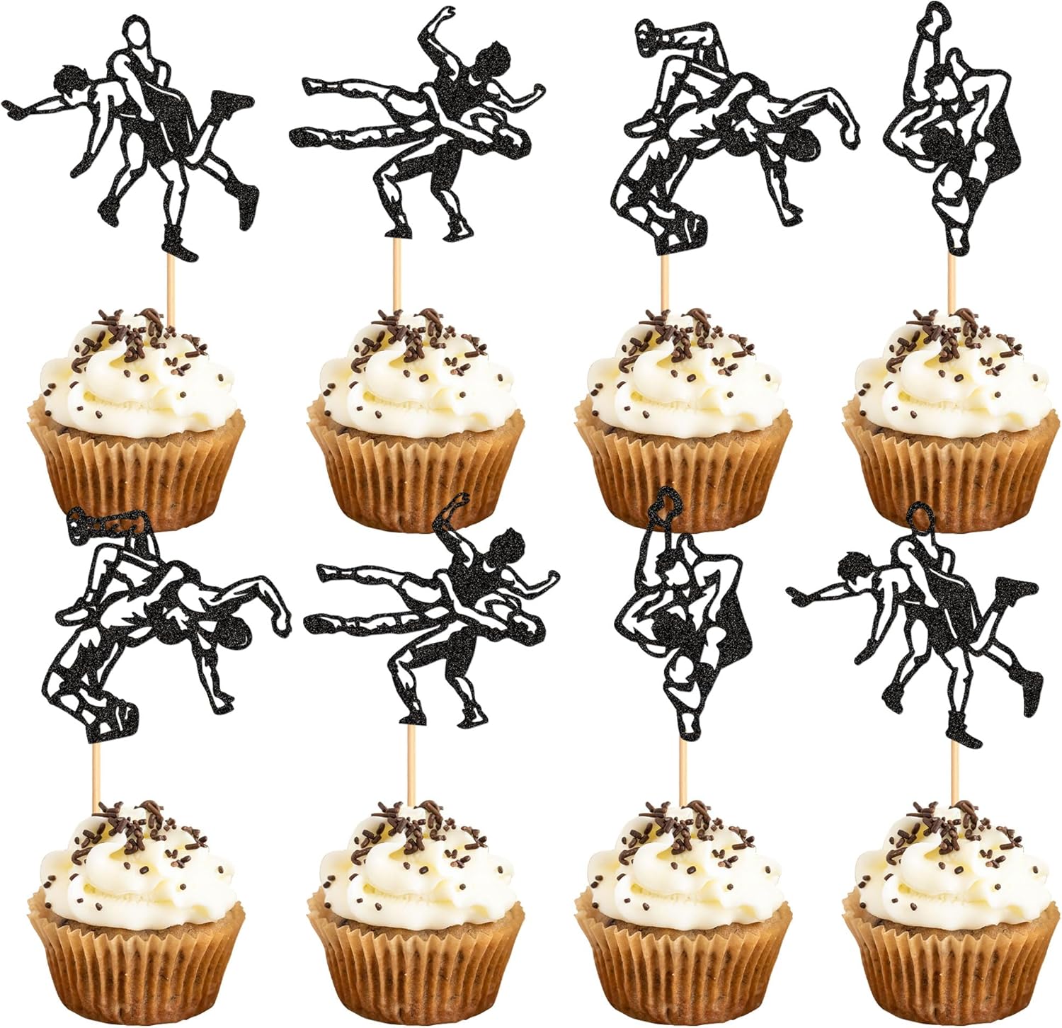 Ercadio 24 Pcs Wrestling Cupcake Toppers Glitter Black Man Wrestler Birthday Cupcake Pick Decorations Wrestling Sport Theme Kids Birthday Baby Shower Party Decorations