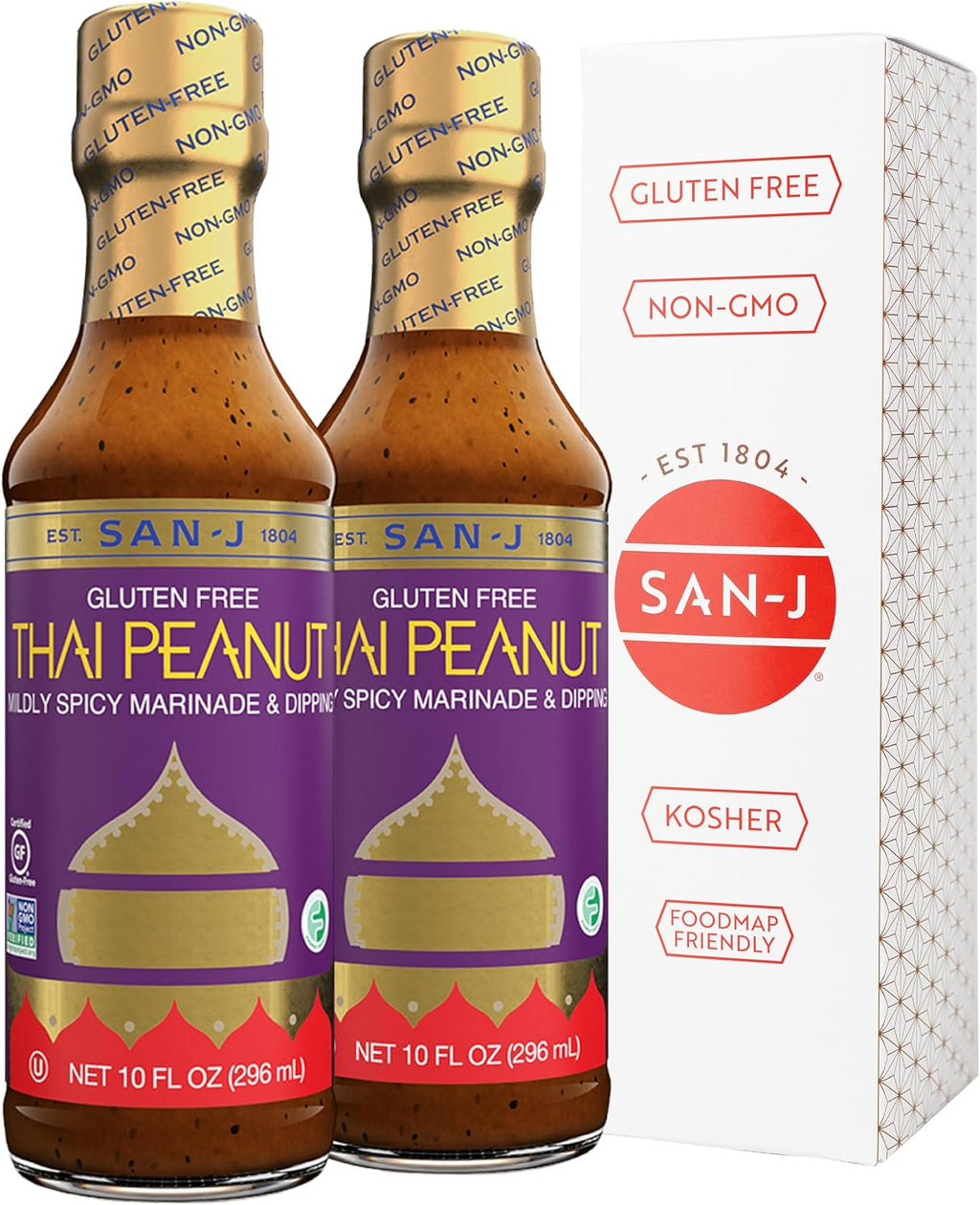 San-J - Gluten Free Thai Peanut Sauce -Traditional and Tasty Cooking Sauce - Non-GMO - 10 oz. Bottles - 2 Pack