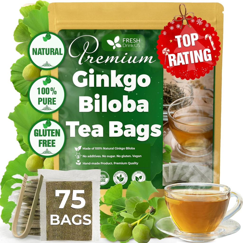 FreshDrinkUS, Premium 75 Ginkgo Biloba Leaf Tea Bags, 100% Natural & Pure from Ginkgo Biloba Leaves. Loose Leaf Herbal Tea. Made with Eco-Conscious Tea Bags. No Sugar, No Caffeine, No Gluten, Vegan.