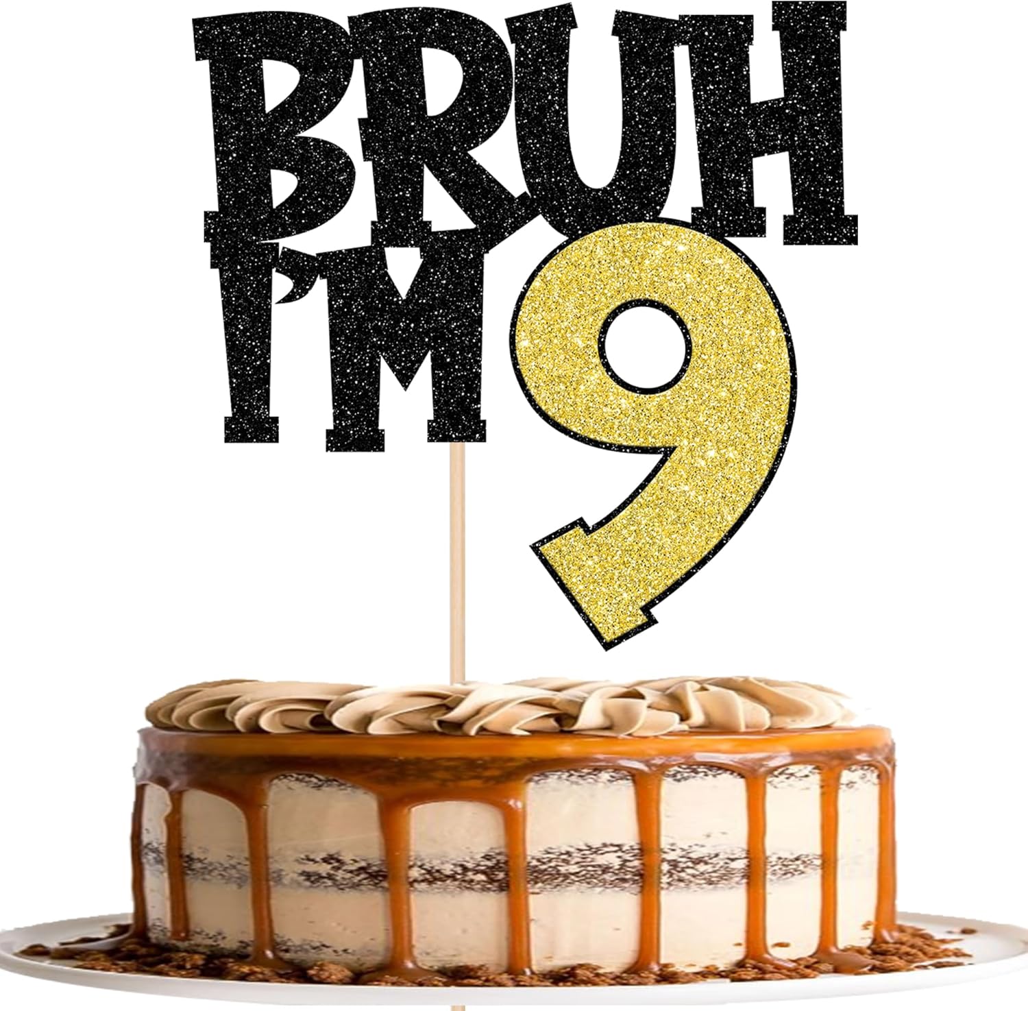 1 PCS Bruh I'm 9 Cake Topper Glitter Happy 9th Birthday Cake Pick Bro I'm 9 Cake Decoration It's My 9th Birthday Decorations for Cheers to 9 Years Old Anniversary Party Supplies Gold