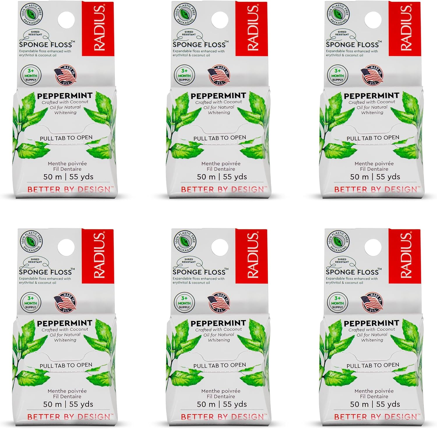 Radius Peppermint Dental Floss 55 Yards Vegan and Non-Toxic Oral Care Boost Total Tooth & Gum Protection Clear - Pack of 6