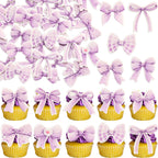 Gyufise 50Pcs Edible Purple Bowknot Cupcake Toppers Wafer Paper Bowknot Cake Dessert Picks Baby Shower Princess Cupcake Toppers for Birthday Party Decoration Supplies