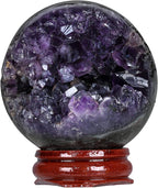 Rockcloud Natural Amethyst Druzy Geode Crystal Ball Healing Stone Sphere Ball for Home Decoration Meditation with Wooden Base, 2.40-2.76 inches