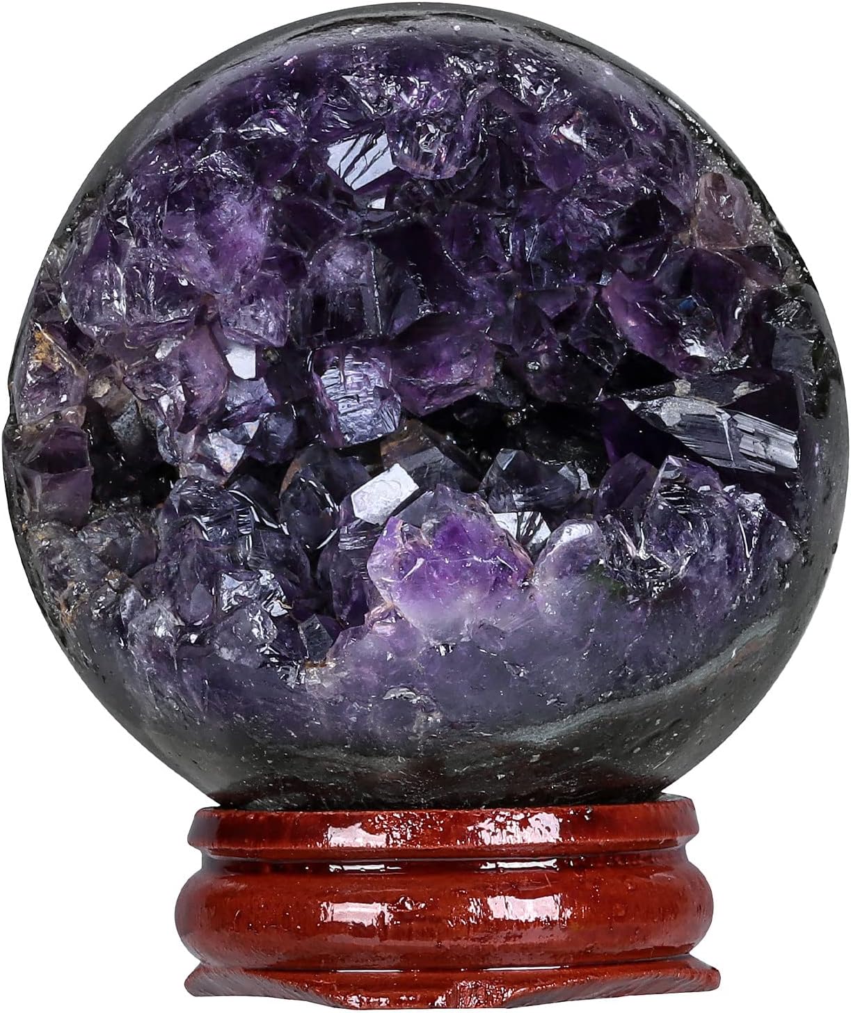 Rockcloud Natural Amethyst Druzy Geode Crystal Ball Healing Stone Sphere Ball for Home Decoration Meditation with Wooden Base, 2.40-2.76 inches