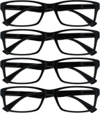 OPULIZE PEP Classic Reading Glasses for Women Men, Scratch Resistant Rectangular Frame with Spring Hinges, Black +1.5 (Pack of 4)