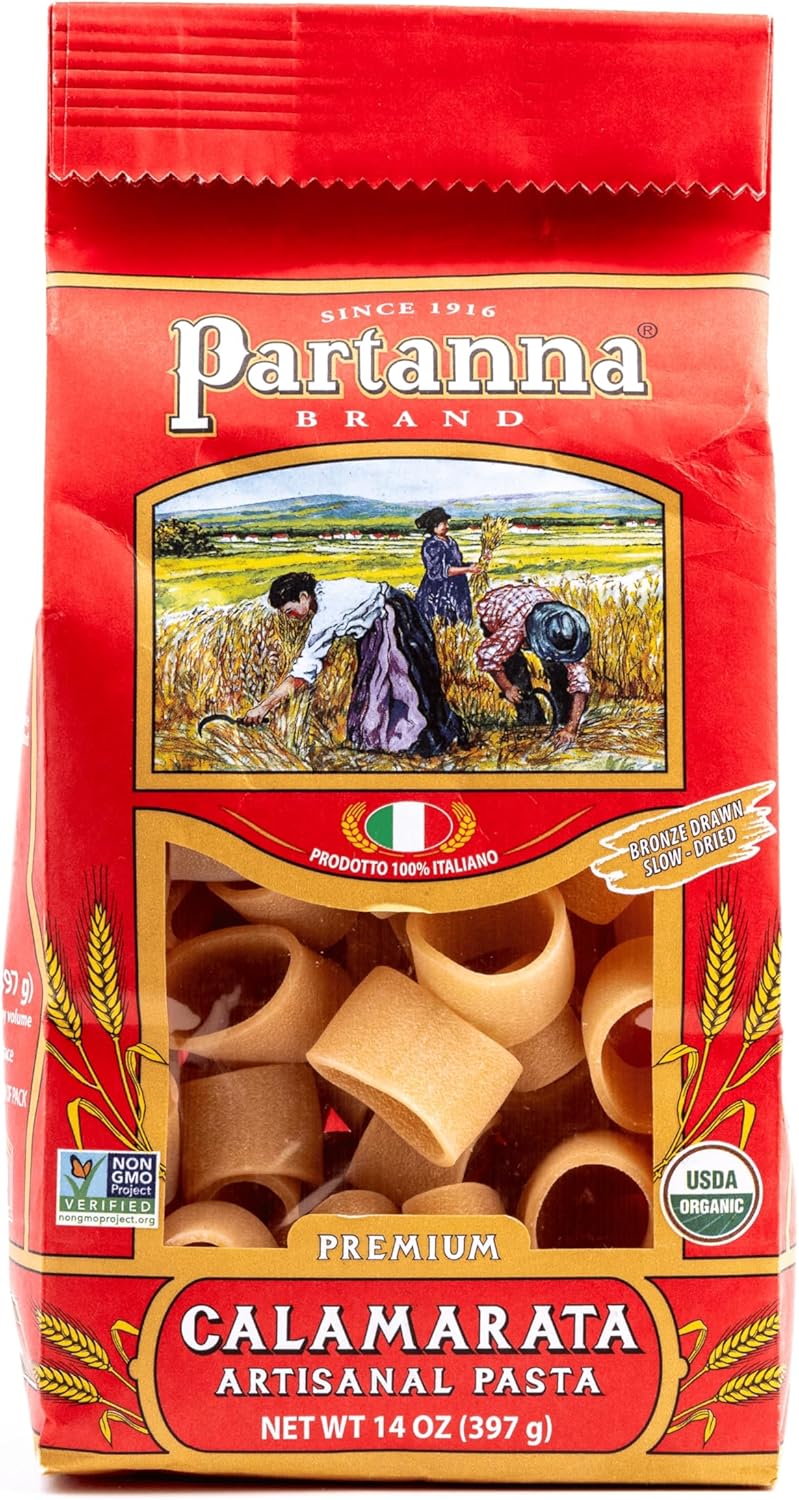 Partanna Organic Premium Calamarata Italian Artisanal Pasta- Bronze Cut - Durum Wheat Semolina- -Slow Dried -NON-GMO- Made in Italy- 14 oz