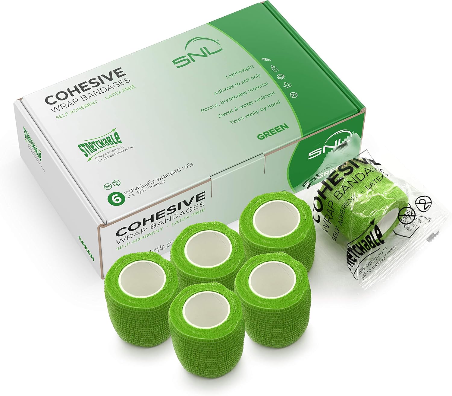 Green - Cohesive Bandage Wrap 2" x 5 Yards by SNL, Latex Free, Individually Wrapped Rolls, Adhesive, Stretchable Breathable, First Aid, Sports Athletic Ankle Medical Tape, Humans & Animals - 6 Pack