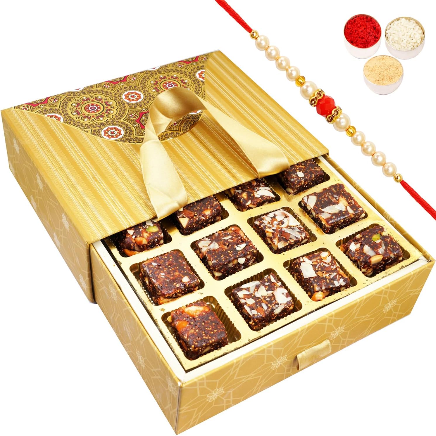 Ghasitaram Gifts Rakhi Gifts for Brothers Bag Box with Sugarfree Bites with Beads Rakhi