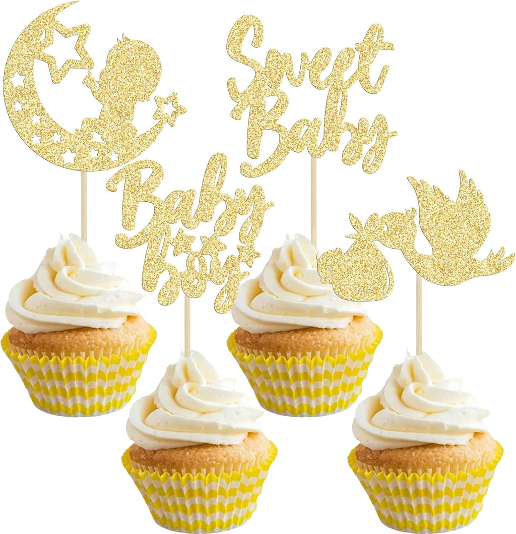 24Pcs Baby Boy Cupcake Toppers Gold Glitter Moon Star Sweet Baby Boy Cupcake Picks Decorations for Gender Reveal Baby Shower Kids Boys Birthday Party Supplies