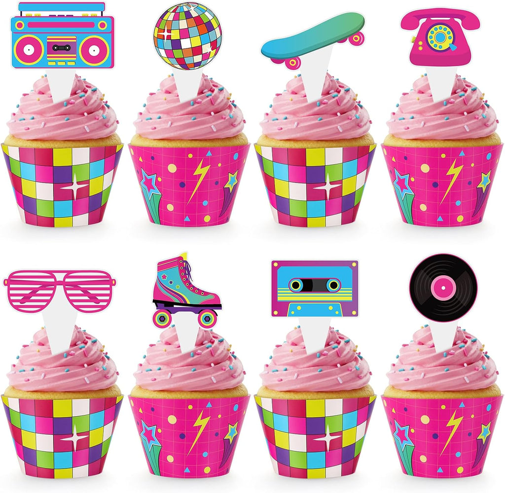 Hooqict 48 Pack 80s Cupcake Toppers and Wrappers Neon Retro Party Cupcake Topper Decorations for 80s 90s Hip Hop Neon Throwback Birthday Party Decorations Supplies