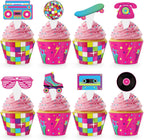 Hooqict 48 Pack 80s Cupcake Toppers and Wrappers Neon Retro Party Cupcake Topper Decorations for 80s 90s Hip Hop Neon Throwback Birthday Party Decorations Supplies