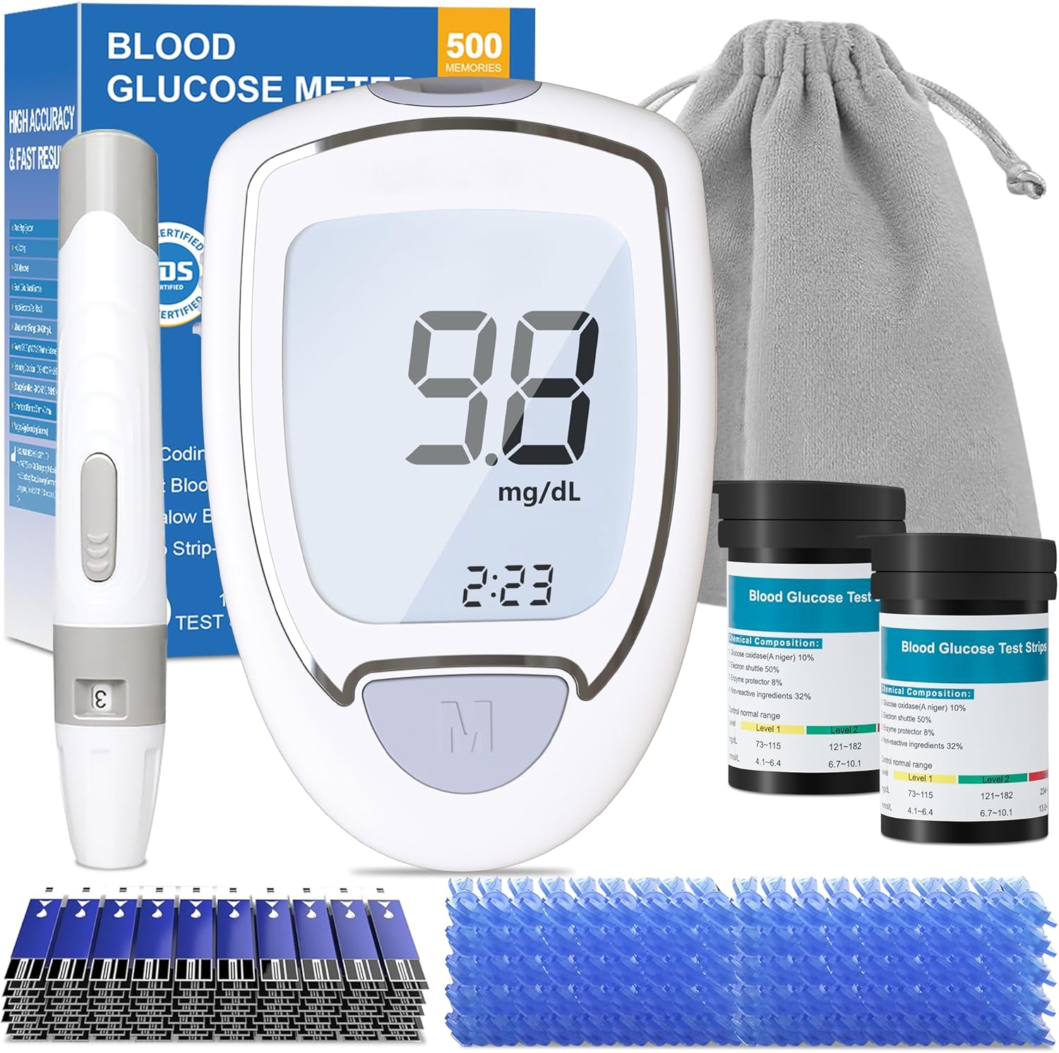 Blood Glucose Monitor, Glucometer Kit with 100 Strips and Lancets, Diabetic Testing Kit with Auto Eject, No Coding, Large Display for Seniors, Blood Sugar Testing Kit for Travel & Home Use