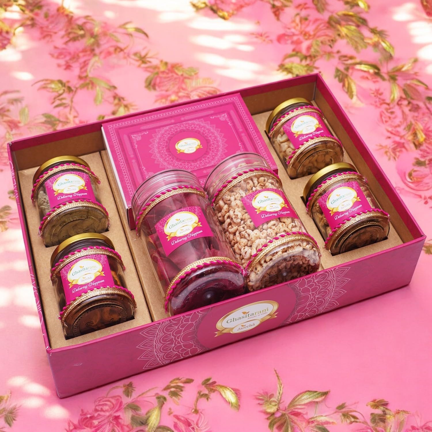 Ghasitaram Gifts JaicchaLohri sweets Gachak hampers Lohri Pink Hamper Tray with 6 Jars