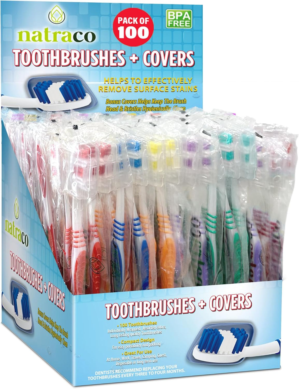 Bulk Toothbrush Pack with Covers | Premium Quality Individually Wrapped Colorful Tooth Brushes | Medium Soft Bristles for Travel, Donations, Hotels (100)
