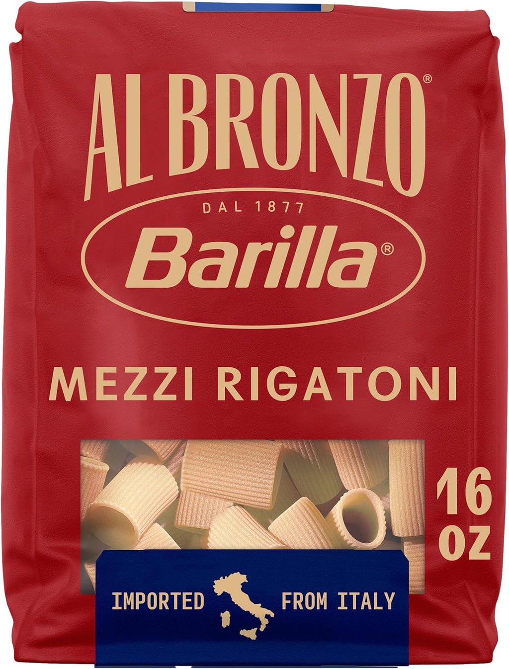 Barilla Al Bronzo Mezzi Rigatoni Pasta 16 oz., Bronze Cut, Created from Durum Wheat, Imported From Italy, Non-GMO, Kosher