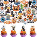 Morofme 60pcs Edible Halloween Cupcake Toppers Edible Ghost Cake Topper Wafer Paper Pumpkin Spider Cake Decorations Halloween Bat Black Cat for Cake Cookies Donut Decor, 21 kinds of patterns