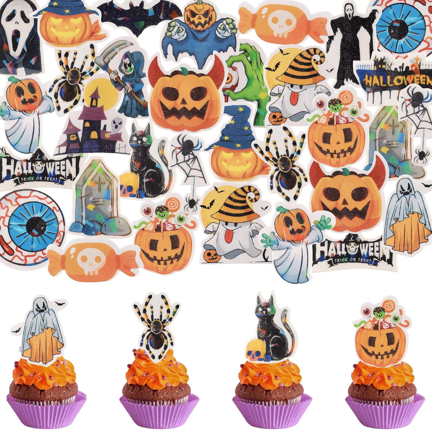 Morofme 60pcs Edible Halloween Cupcake Toppers Edible Ghost Cake Topper Wafer Paper Pumpkin Spider Cake Decorations Halloween Bat Black Cat for Cake Cookies Donut Decor, 21 kinds of patterns