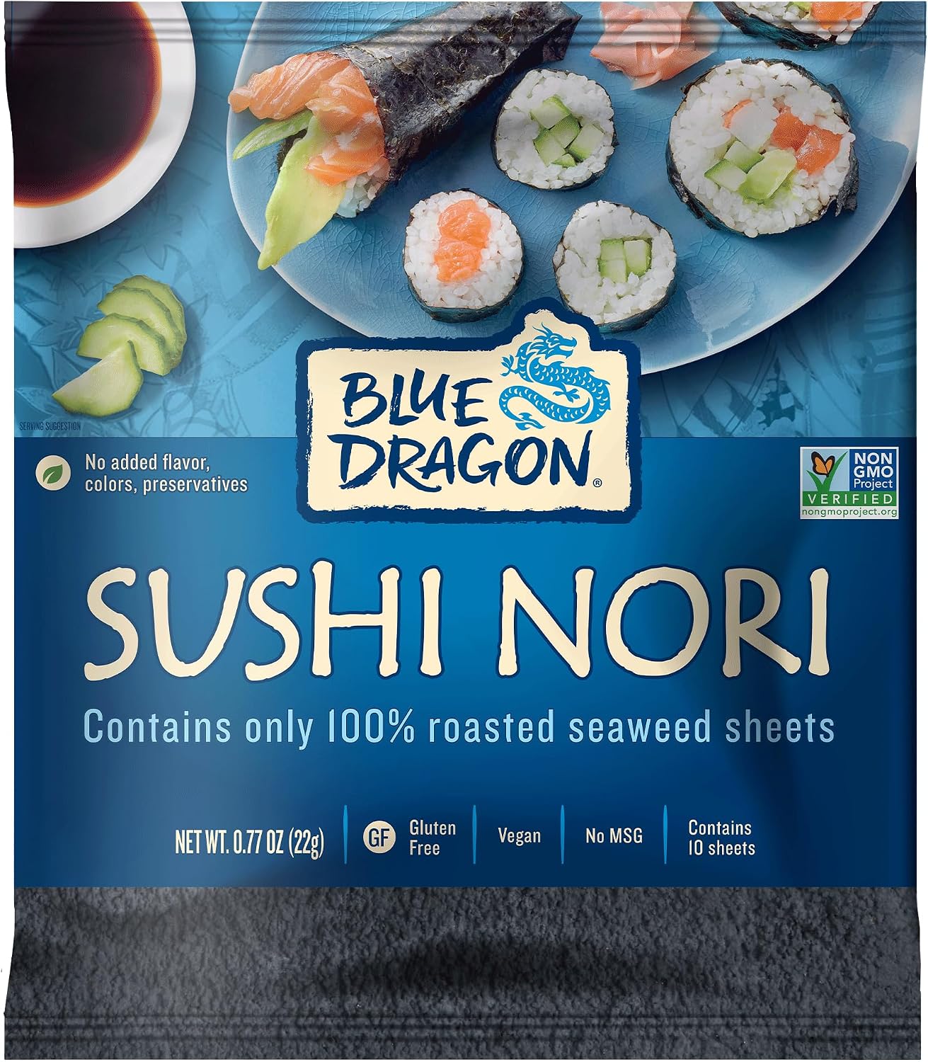 Blue Dragon Sushi Nori - 0.77oz (Pack of 1) - No Artificial Flavors Or Preservatives - Made With 100% Roasted Seaweed Sheets - Vegan, Gluten Free Seaweed Wraps - Ideal For Sushi Rolls & Hand Rolls