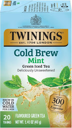 Twinings Cold Brewed Iced Tea - Mint Flavored Green Tea with Peppermint Leaves, Caffeinated Green and Black Tea Extracts, Unsweetened Cold Brew Tea Bags Individually Wrapped, 20 Count