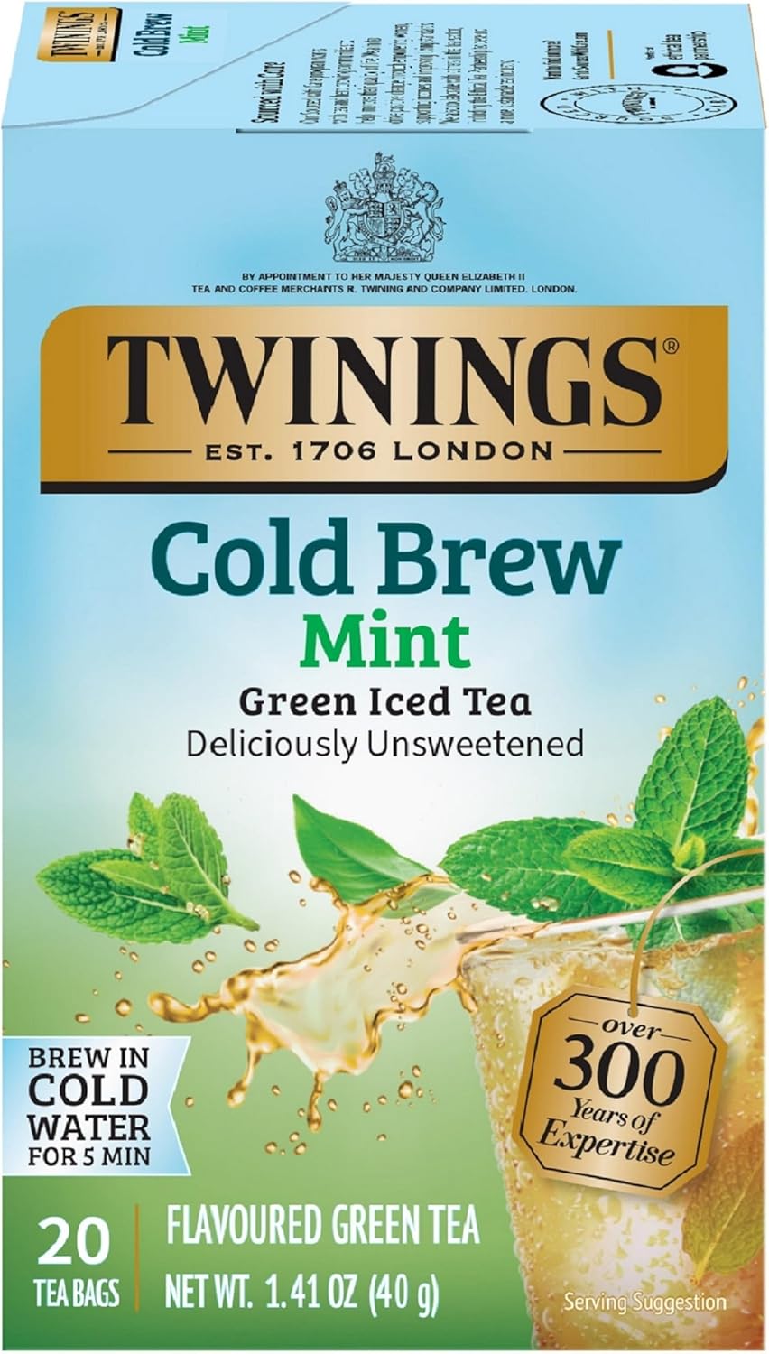 Twinings Cold Brewed Iced Tea - Mint Flavored Green Tea with Peppermint Leaves, Caffeinated Green and Black Tea Extracts, Unsweetened Cold Brew Tea Bags Individually Wrapped, 20 Count