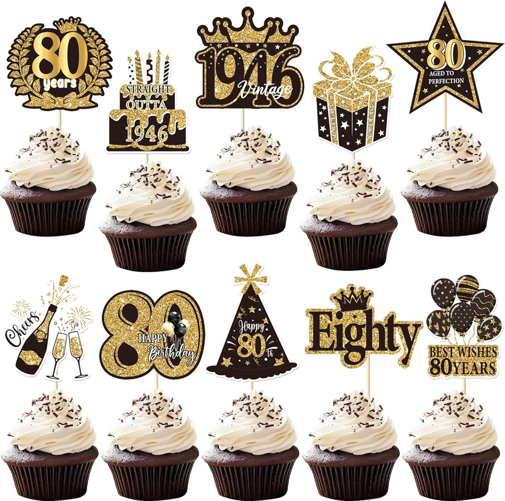 Rsstarxi 40 Pack 80th Birthday Cupcake Toppers Black Gold Hello 80 years Cupcake Picks 80th Birthday Decorations for Women Men Cheers to 80 Anniversary Fabulous 1946 Wedding Party Supplies