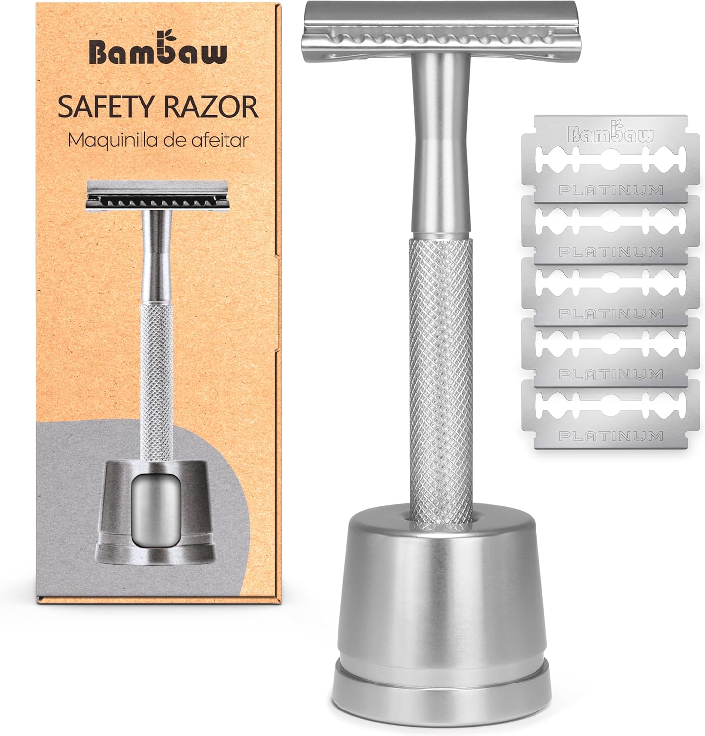 Bambaw Double Edge Safety Razor for Men with Stand, Reusable Metal Razor with 5 Double Edge Blades, Single Blade Razors for Men & Women – Silver