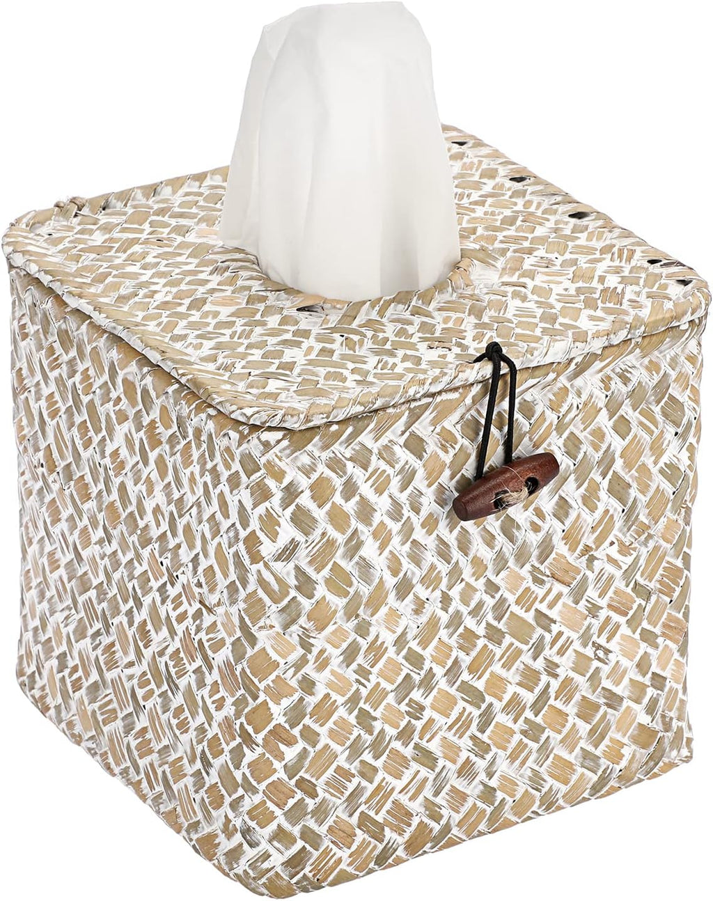 Sumnacon Tissue Box Cover Square Seagrass Tissue Box with Lid, Woven Tissue Box Holder Rustic Cube Tissue Cover for Bathroom Toilet Bedroom Living Room Kitchen Table Desk Office Car, Whitewash