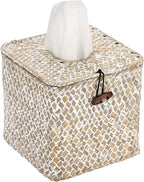 Sumnacon Tissue Box Cover Square Seagrass Tissue Box with Lid, Woven Tissue Box Holder Rustic Cube Tissue Cover for Bathroom Toilet Bedroom Living Room Kitchen Table Desk Office Car, Whitewash
