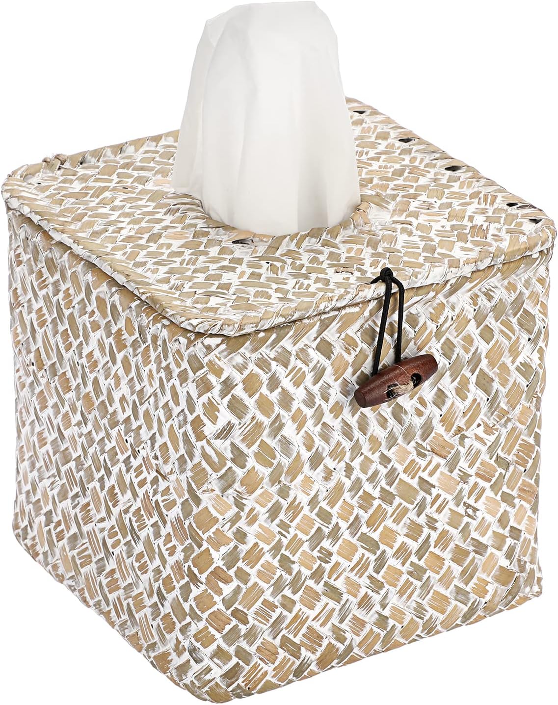 Sumnacon Tissue Box Cover Square Seagrass Tissue Box with Lid, Woven Tissue Box Holder Rustic Cube Tissue Cover for Bathroom Toilet Bedroom Living Room Kitchen Table Desk Office Car, Whitewash