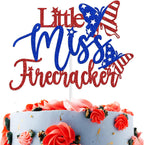 Little Miss Firecracker Cake Topper, USA Patriotic Bithday Cake Decor, Happy Independence Day, 4th of July American National Day Baby Shower Party Decorations Supplies for Girls, Red and Blue Glitter