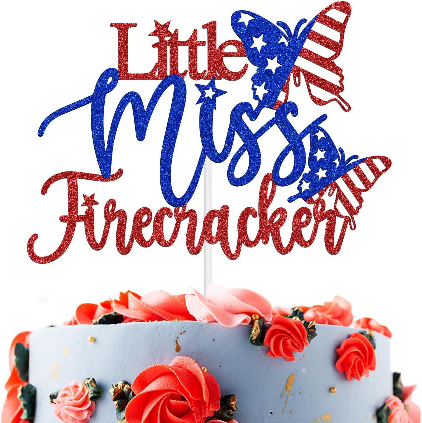 Little Miss Firecracker Cake Topper, USA Patriotic Bithday Cake Decor, Happy Independence Day, 4th of July American National Day Baby Shower Party Decorations Supplies for Girls, Red and Blue Glitter