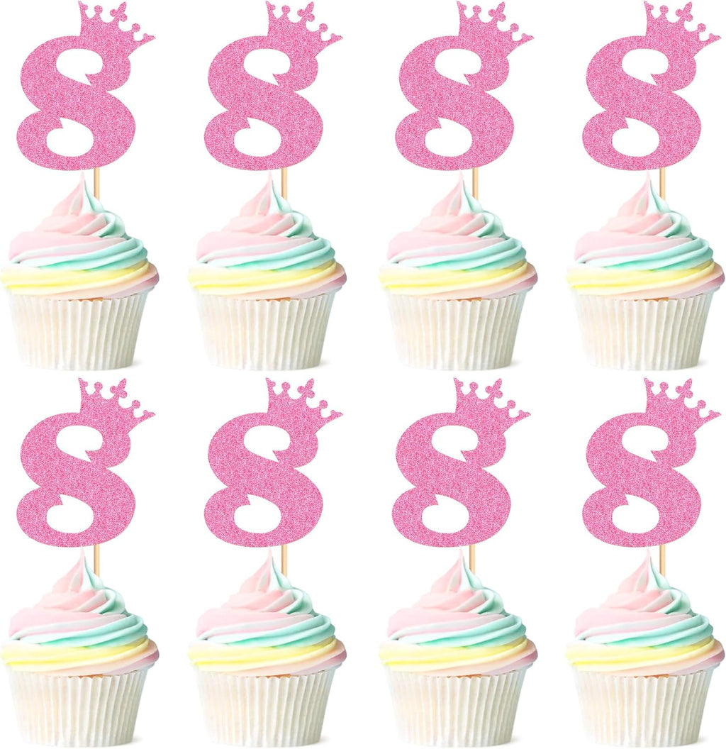 Ercadio 24 Pack Number 8 Cupcake Toppers 8th Cupcake Toppers Glitter Pink Number 8 Cupcake Picks Cheers to 8 Anniversary Birthday Decorations for Baby Shower Party Cake Supplies