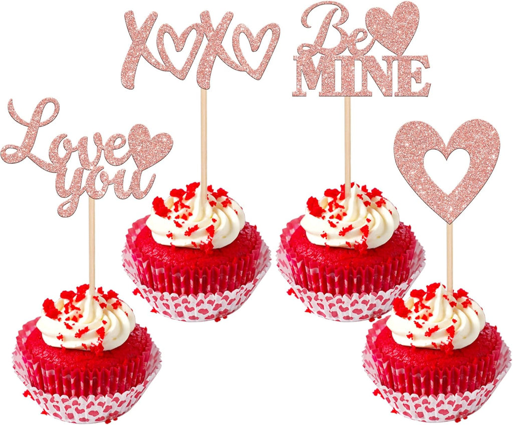 24 Pack Valentine's Day Cupcake Toppers Glitter Love Heart XOXO Love You Be Mine Cupcake Food Picks Valentine's Day Theme Wedding Bridal Shower Birthday Party Cake Decorations Supplies Rose Gold