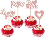 24 Pack Valentine's Day Cupcake Toppers Glitter Love Heart XOXO Love You Be Mine Cupcake Food Picks Valentine's Day Theme Wedding Bridal Shower Birthday Party Cake Decorations Supplies Rose Gold
