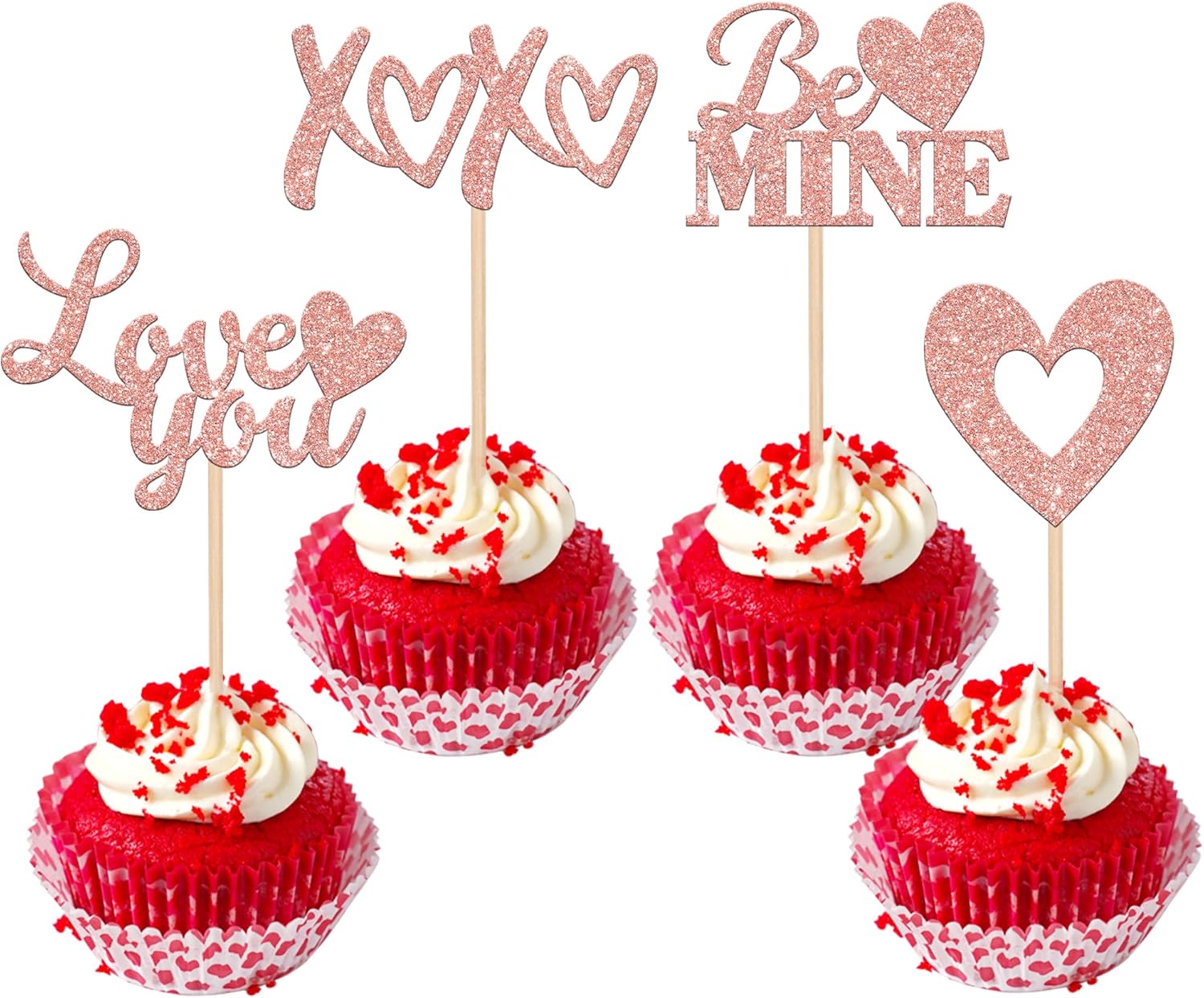 24 Pack Valentine's Day Cupcake Toppers Glitter Love Heart XOXO Love You Be Mine Cupcake Food Picks Valentine's Day Theme Wedding Bridal Shower Birthday Party Cake Decorations Supplies Rose Gold