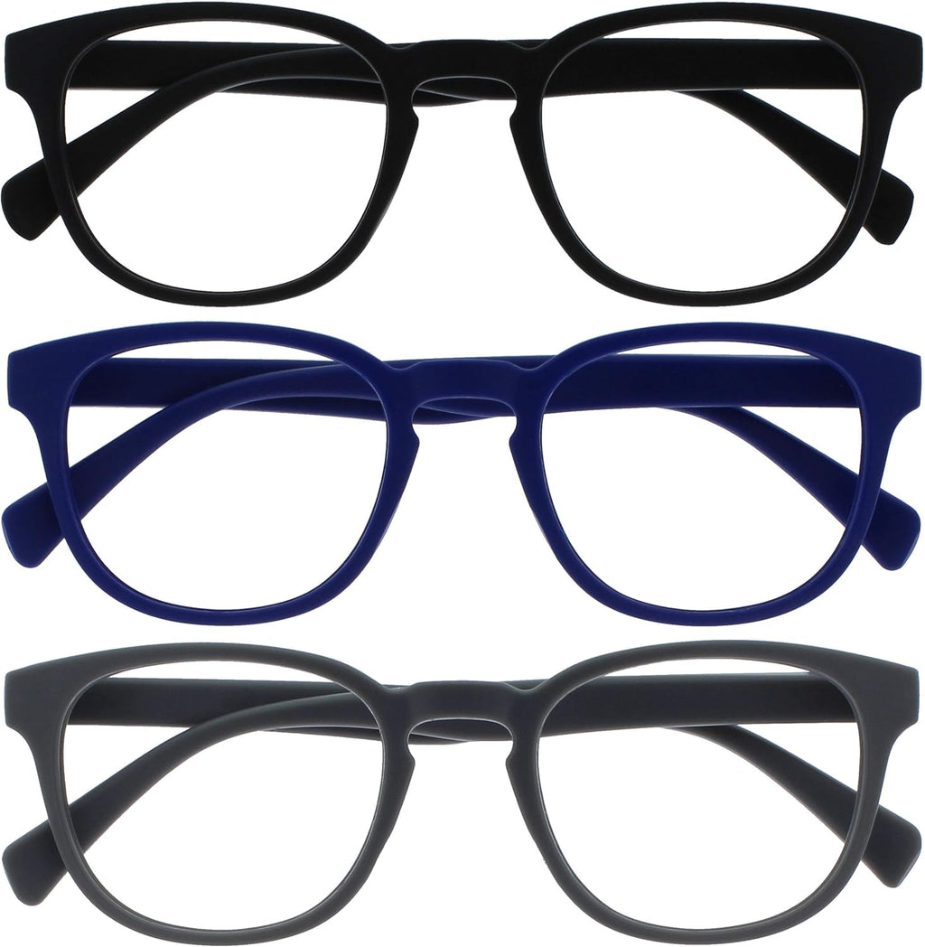 OPULIZE POP Reading Glasses for Women Men,Scratch Resistant Round Matt Frame with Spring Hinges, Black, Blue, Grey +1.00 (Pack of 3)