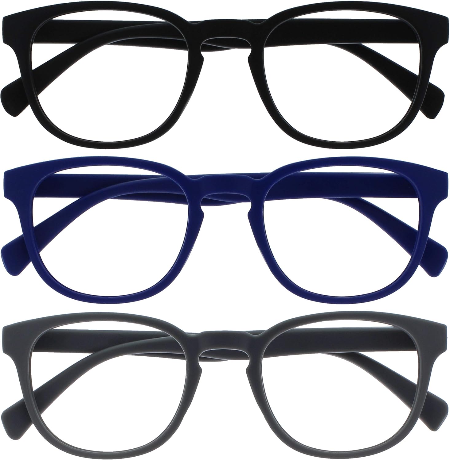 OPULIZE POP Reading Glasses for Women Men,Scratch Resistant Round Matt Frame with Spring Hinges, Black, Blue, Grey +2.00 (Pack of 3)