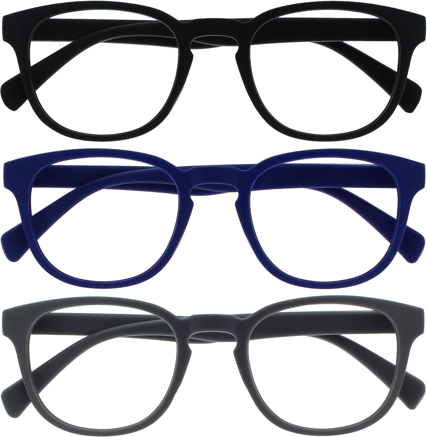 OPULIZE POP Reading Glasses for Women Men,Scratch Resistant Round Matt Frame with Spring Hinges, Black, Blue, Grey +1.50 (Pack of 3)