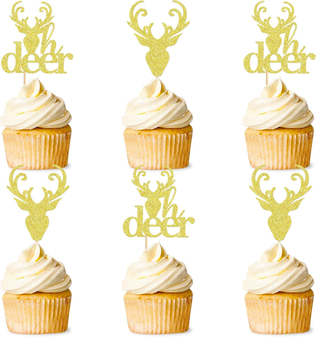 Ercadio 24 Pack Deer Cupcake Toppers - Gold Glitter Deer Head Cupcake Toppers & Picks for Christmas, Birthday, Baby Shower Cake Decoration
