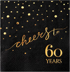 100 Pack of 60th Birthday Napkins, Cheers to 60 Cocktail 5x5 Inches Party Paper Napkins for Birthday Decorations Wedding Anniversary Black and Gold, 3-Ply