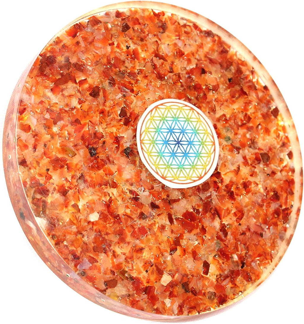 Jet Carnelian Orgone Tea Coaster Flower of Life Round 3.5 Inch Diameter Approx. 40 Page Crystal Therapy Booklet