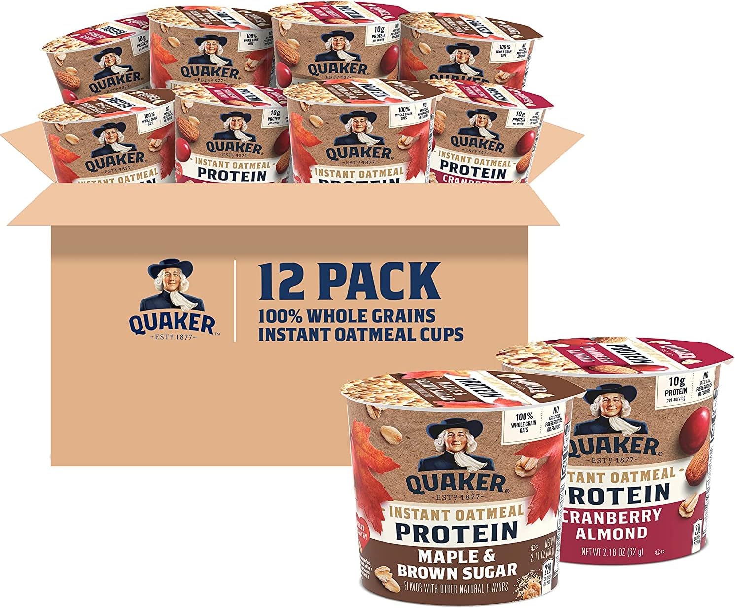 Quaker Instant Oatmeal Express Cups, 10g Protein 2 Flavor Variety Pack, (Pack of 12)
