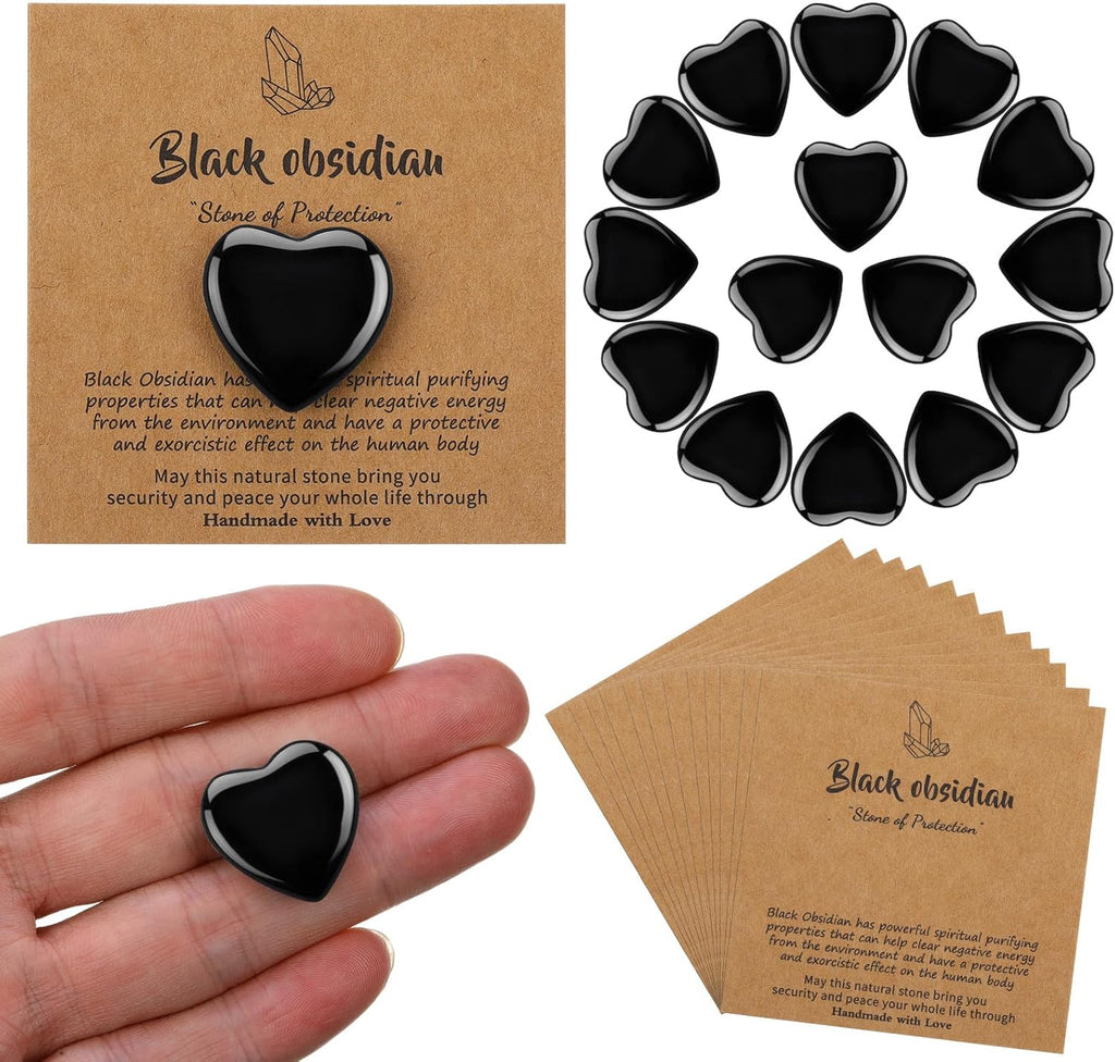 32 Pack Black Obsidian Heart Stone Gift Sets Bulk 0.8 Inch 16 Pcs Crystal Gemstone Crystals Rock with 16 Pcs Cards for Men Women