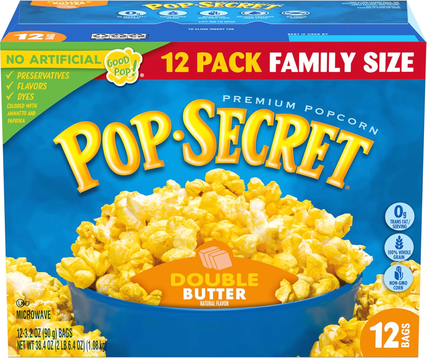 Pop Secret Double Butter Microwave Popcorn 12ct (3.2oz Bags), 38.4oz Box (Pack of 1) - Microwave Popcorn, Non-GMO Popcorn, Double Butter Blast