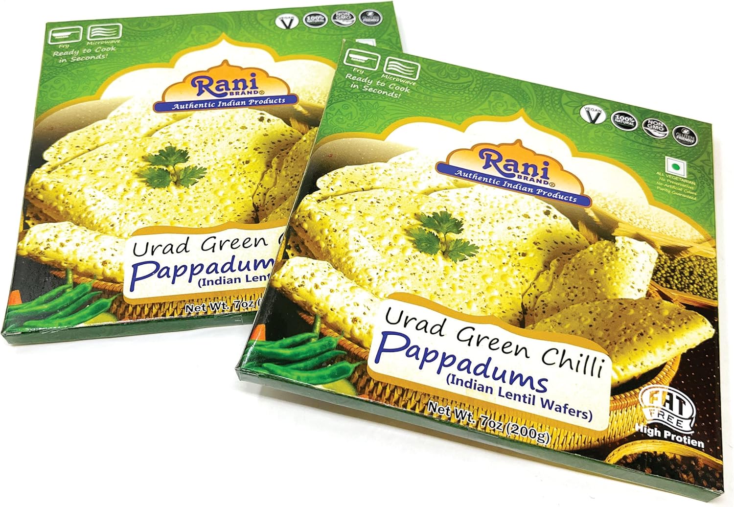 Rani Pappadums (Indian Lentil Wafer Snack) Green Chilli Papad 7oz (200g) Approximately 15pc, 7 inches, Pack of 2 ~ All Natural | Gluten Friendly | NON-GMO | Vegan | Indian Origin